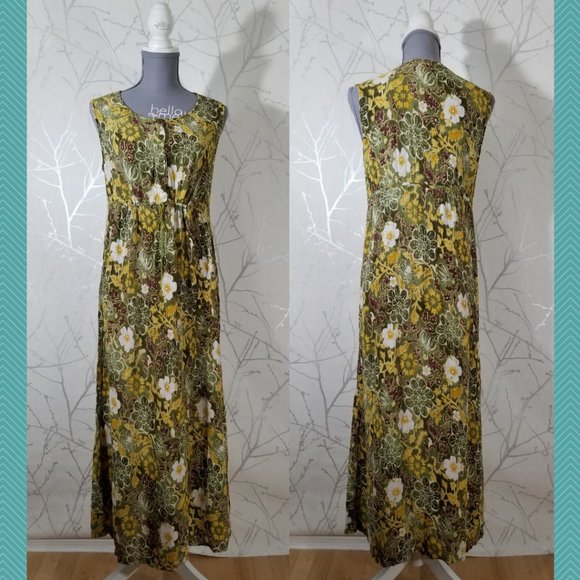 Daiquiri Artsy Green Floral Crinkle Cinch Empire Waist Long Shift Dress - Picture 1 of 6